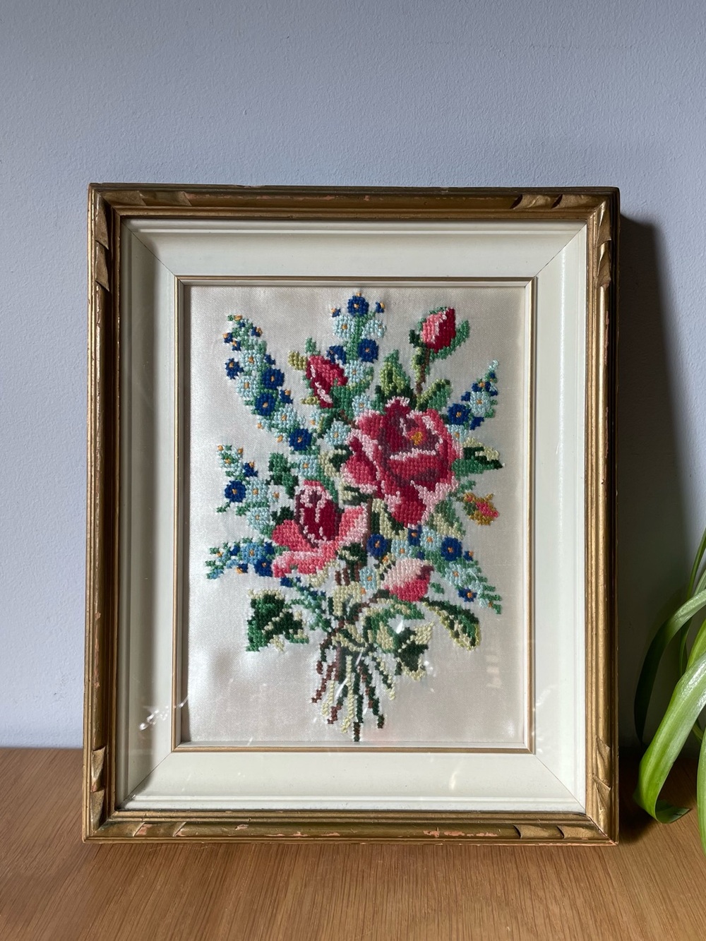 Vintage Midcentury Framed Floral Needlepoint Art Rose Bouquet 8.5x10.5